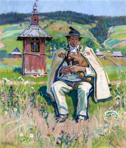 Highlander with a bandura against landscape