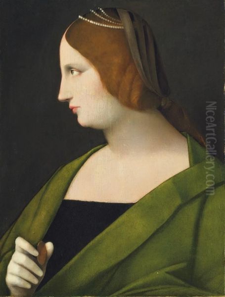 Portrait Of A Lady, Bust-length In Profile, With A String-of-pearls Headdress And A Grey Veil, In A Green Mantle, Holding A Medal - view 1