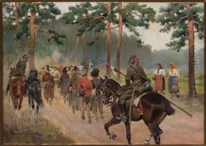 Ulani eksportujacy jencow na lesnej drodze by Wojciech Kossak