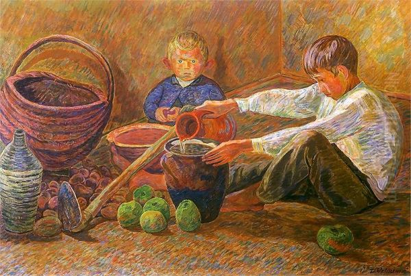 Boys pouring water - view 1