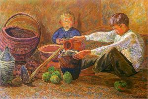 Boys pouring water