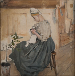 Mary Gallen sewing in a Carelian home. Mary Gallen sewing in a Carelian home.
