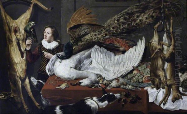 Hung Game with a Swan and a Peacock on a Table and a Page Holding a Parrot - view 1