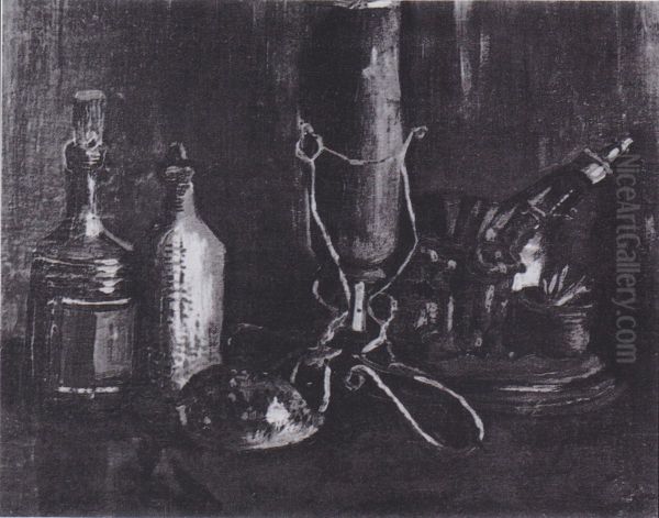Still life with bottles, vase and shell - view 1