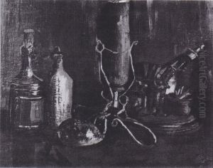 Still life with bottles, vase and shell by Vincent Van Gogh