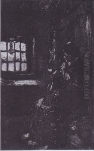 Peasant woman darning socks by Vincent Van Gogh