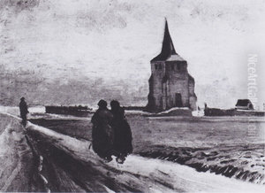 The old cemetery-tower in Nuenen with three figures The old cemetery-tower in Nuenen with three figures