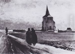 Der alte Friedhofsturm in Nuenen mit drei Figuren