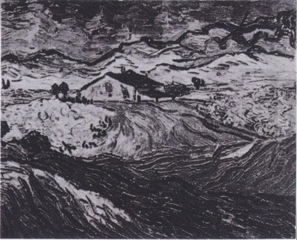Landschaft mit Bauernhaus und Bergkette im Hintergrund - view 1