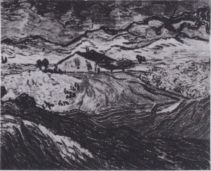 Landschaft mit Bauernhaus und Bergkette im Hintergrund