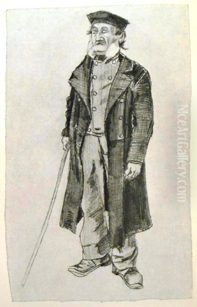 Workhouse-inmate with skull-cap and stick - view 1