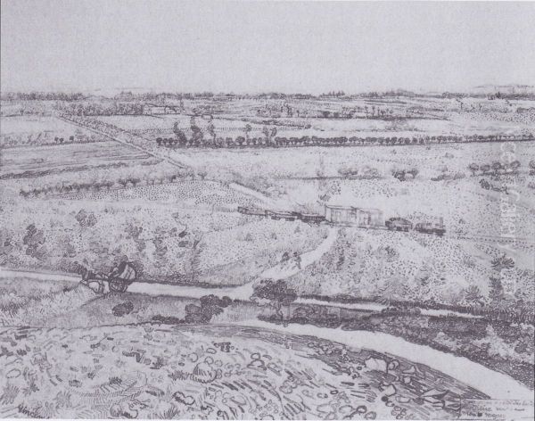 The plain "La Crau" at Arles with a small train - view 1