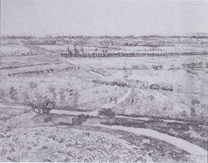 The plain "La Crau" at Arles with a small train by Vincent Van Gogh