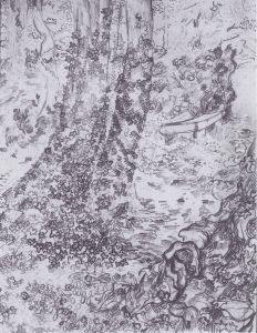 Trees with ivy and bench in the garden of the Hospital Saint-Paul