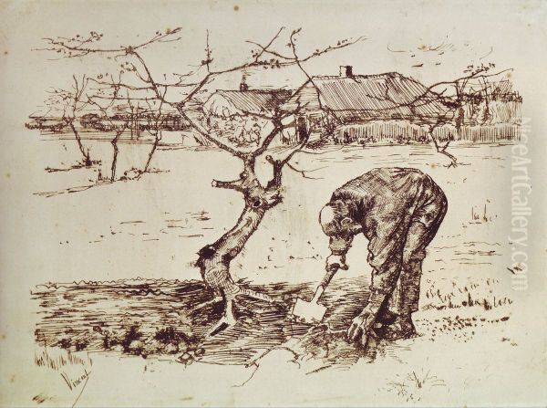 Man Digging in the Orchard - view 1