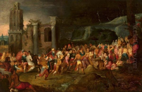 Christ carrying the cross with St. Veronica and ancient ruins - view 1