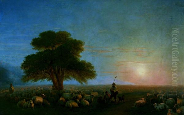 Shepherds with a flock of sheep - view 1