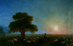 Shepherds with a flock of sheep by Ivan Aivazovsky
