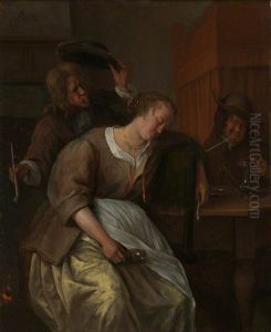 A Man blowing Smoke at a Drunken Woman, Another Man with a Wine-pot