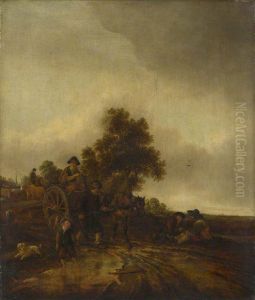 A Landscape with Peasants and a Cart by Isaac Van Ostade