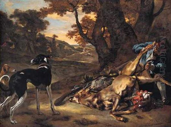 A Huntsman cutting up a Dead Deer, with Two Deerhounds - view 1
