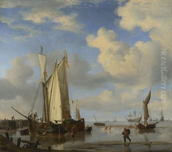 Dutch Vessels close Inshore at Low Tide, and Men Bathing - view 1