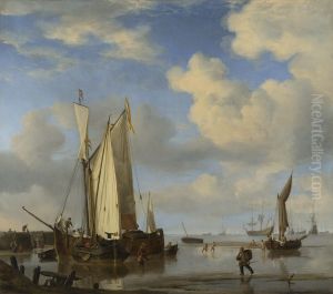 Dutch Vessels close Inshore at Low Tide, and Men Bathing by Willem van de Velde the Younger
