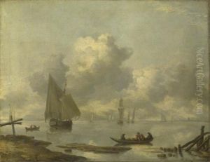Vessels in Light Airs on a River near a Town by Jan Van De Cappelle
