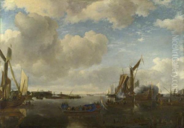 A River Scene with a Dutch Yacht firing a Salute - view 1