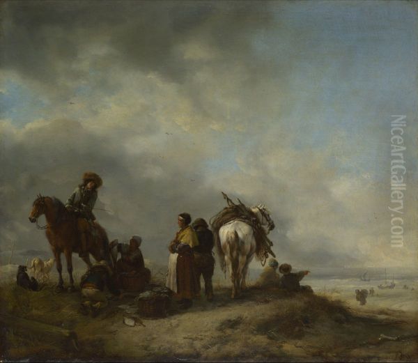 A View on a Seashore with Fishwives offering Fish to a Horseman - view 1