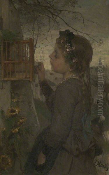 A Girl feeding a Bird in a Cage - view 1