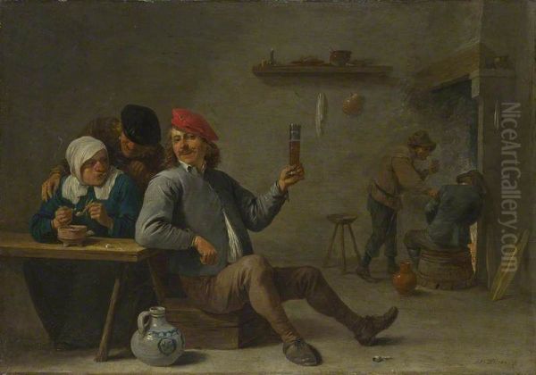 A Man holding a Glass and an Old Woman lighting a Pipe - view 1