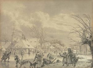 The Month Of December: Skaters On A Frozen River With A Village Beyond by Jacob Cats