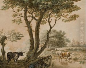 Animaux S'abreuvant Dans Un Paysage