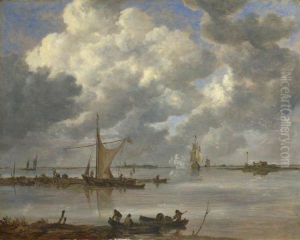 An Estuary with Fishing Boats and Two Frigates - view 1
