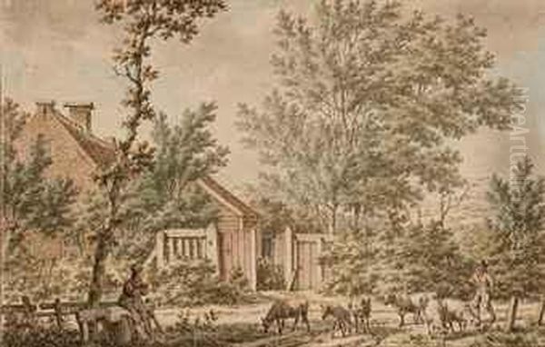 Un Berger Et Son Troupeau Devant Une Maison Entoure D'arbres - view 1