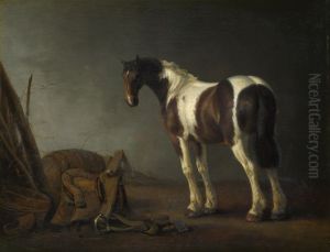 Paard met een zadel ernaast.