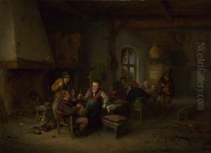 The Interior of an Inn with Nine Peasants and a Hurdy-Gurdy Player by Adriaen van Ostade