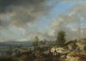 A Dune Landscape with a River and Many Figures