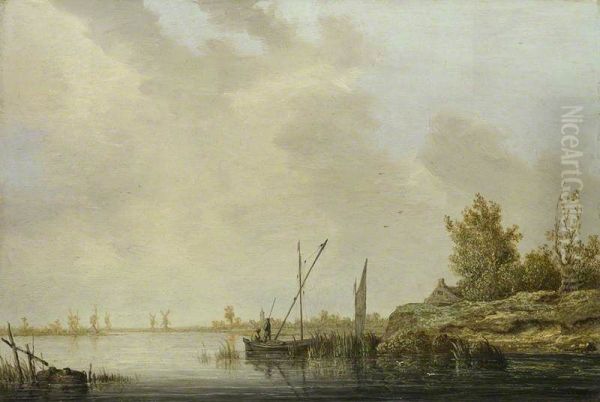 A River Scene with Distant Windmills - view 1