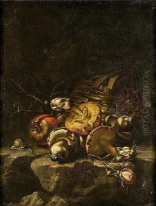A Basket Of Grapes With Mushrooms And A Snail On A Stone Ledge