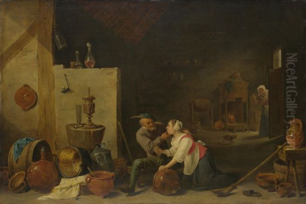 An Old Peasant caresses a Kitchen Maid in a Stable - view 1