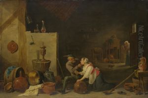 An Old Peasant caresses a Kitchen Maid in a Stable