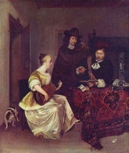 A Woman playing a Theorbo to Two Men A Woman playing a Theorbo to Two Men