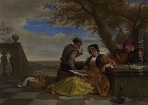 Two Men and a Woman on a Terrace by Jan Steen