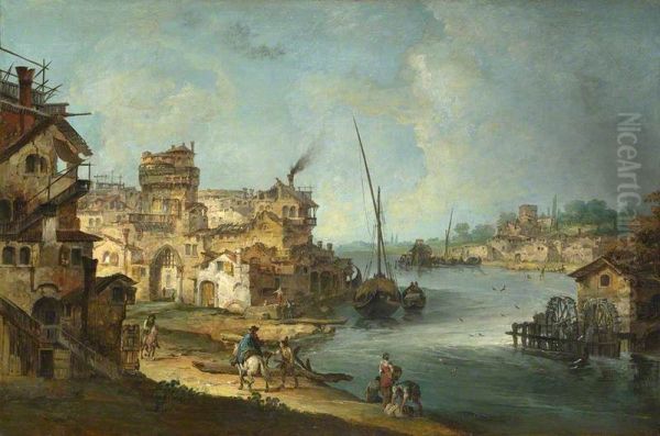 Buildings and Figures near a River with Shipping - view 1