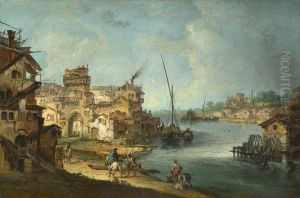 Buildings and Figures near a River with Shipping