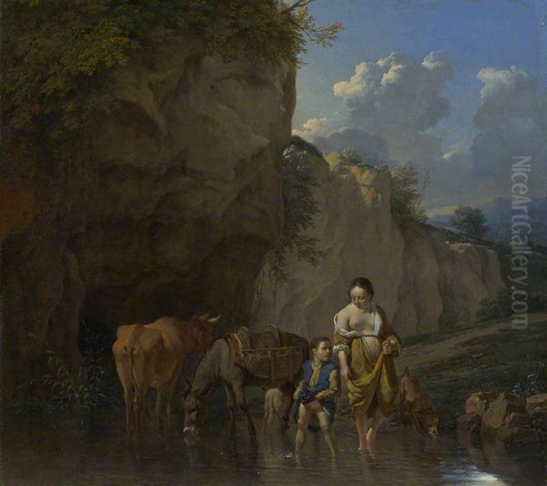 A Woman and a Boy with Animals at a Ford - view 1