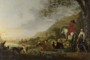 A Hilly River Landscape with a Horseman talking to a Shepherdess A Hilly River Landscape with a Horseman talking to a Shepherdess