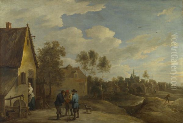 Een kijk op het dorp met pratende boeren op de voorgrond - view 1